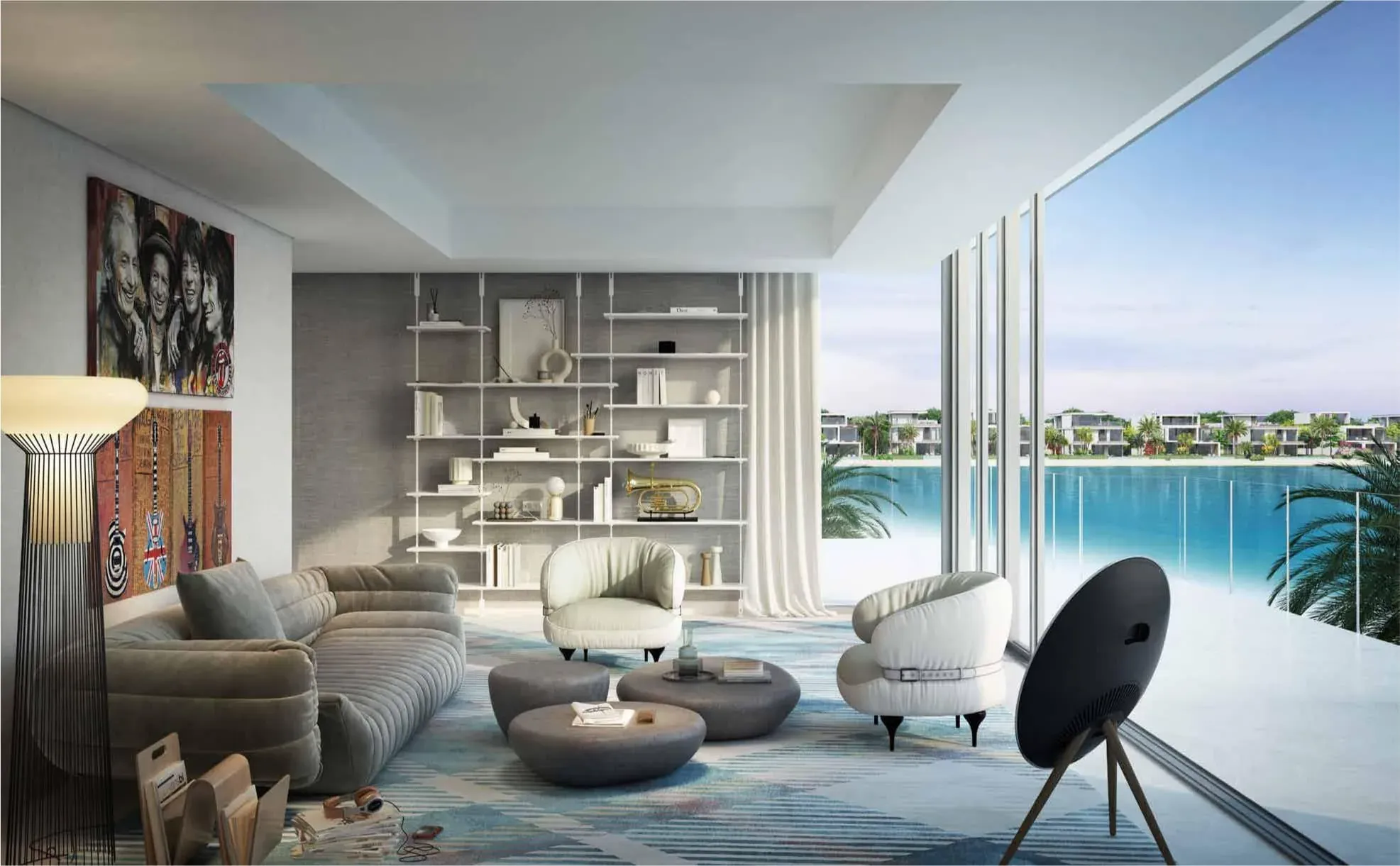Lakeside apartman nappali — panorámaüveg, kortárs bútorok, vízkilátás