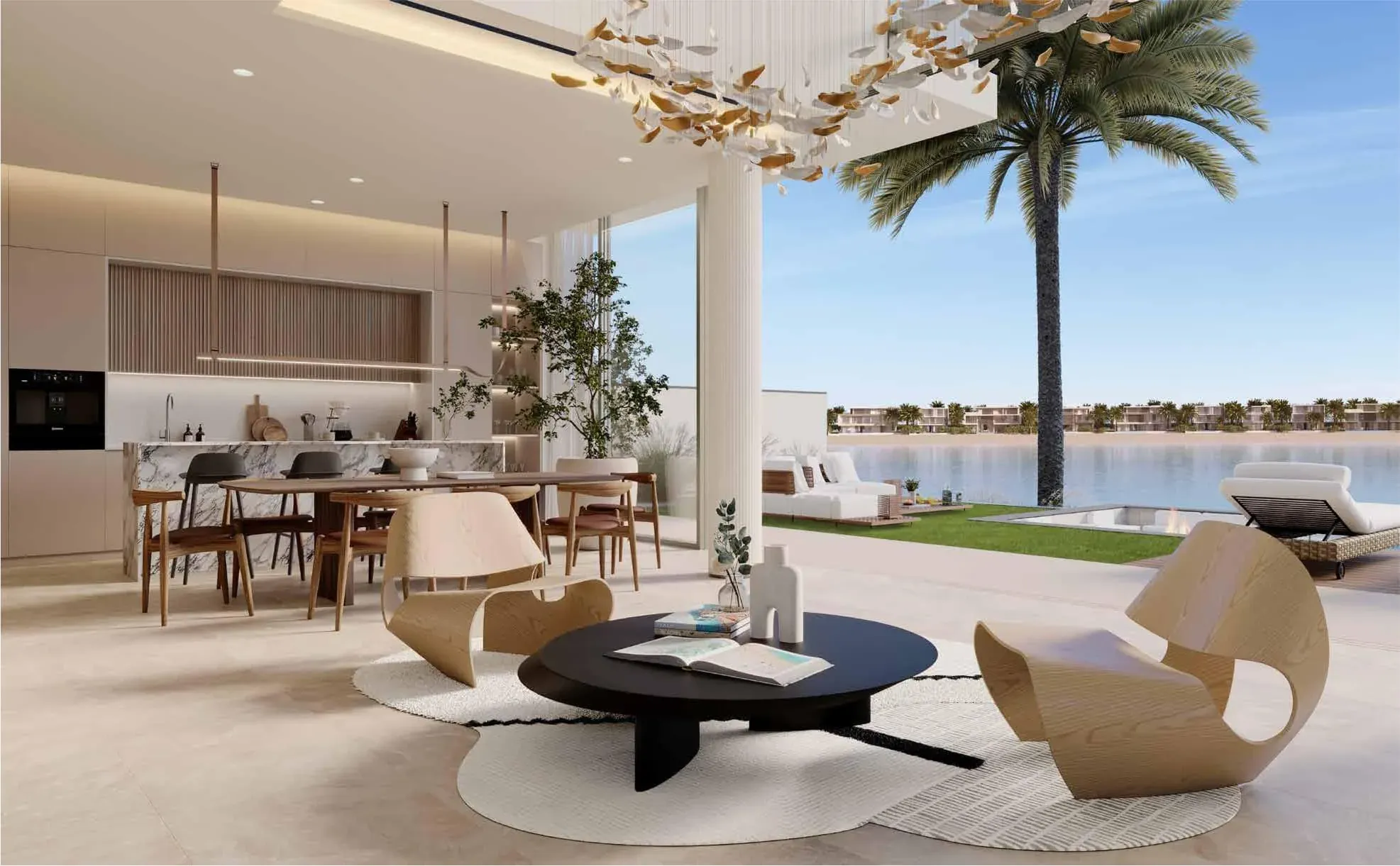 Beachfront villa nappali — nyitott konyha, étkező és lagúna kilátás